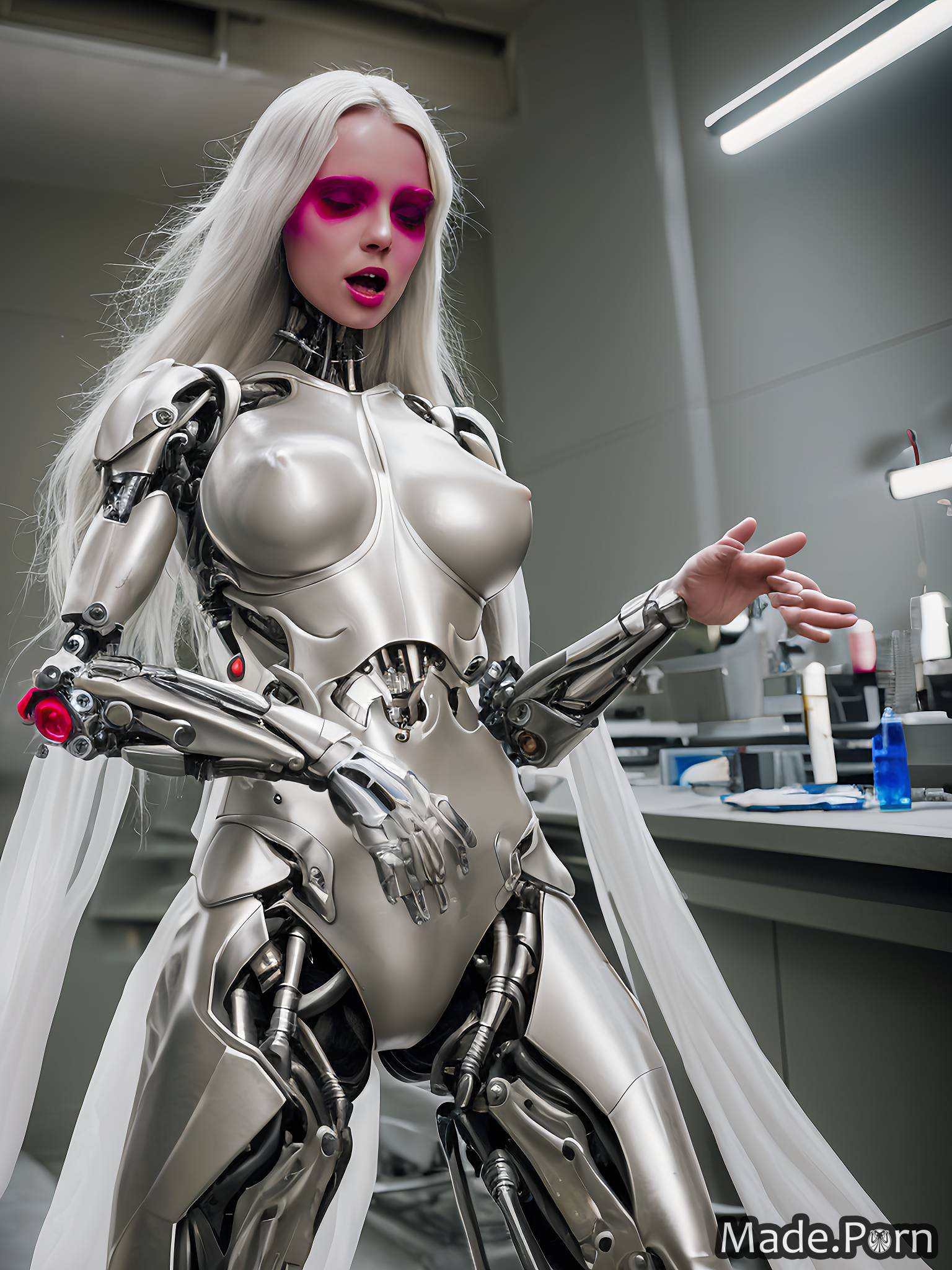 full shot cyborg standing nude open mouth white hair gigantic boobs